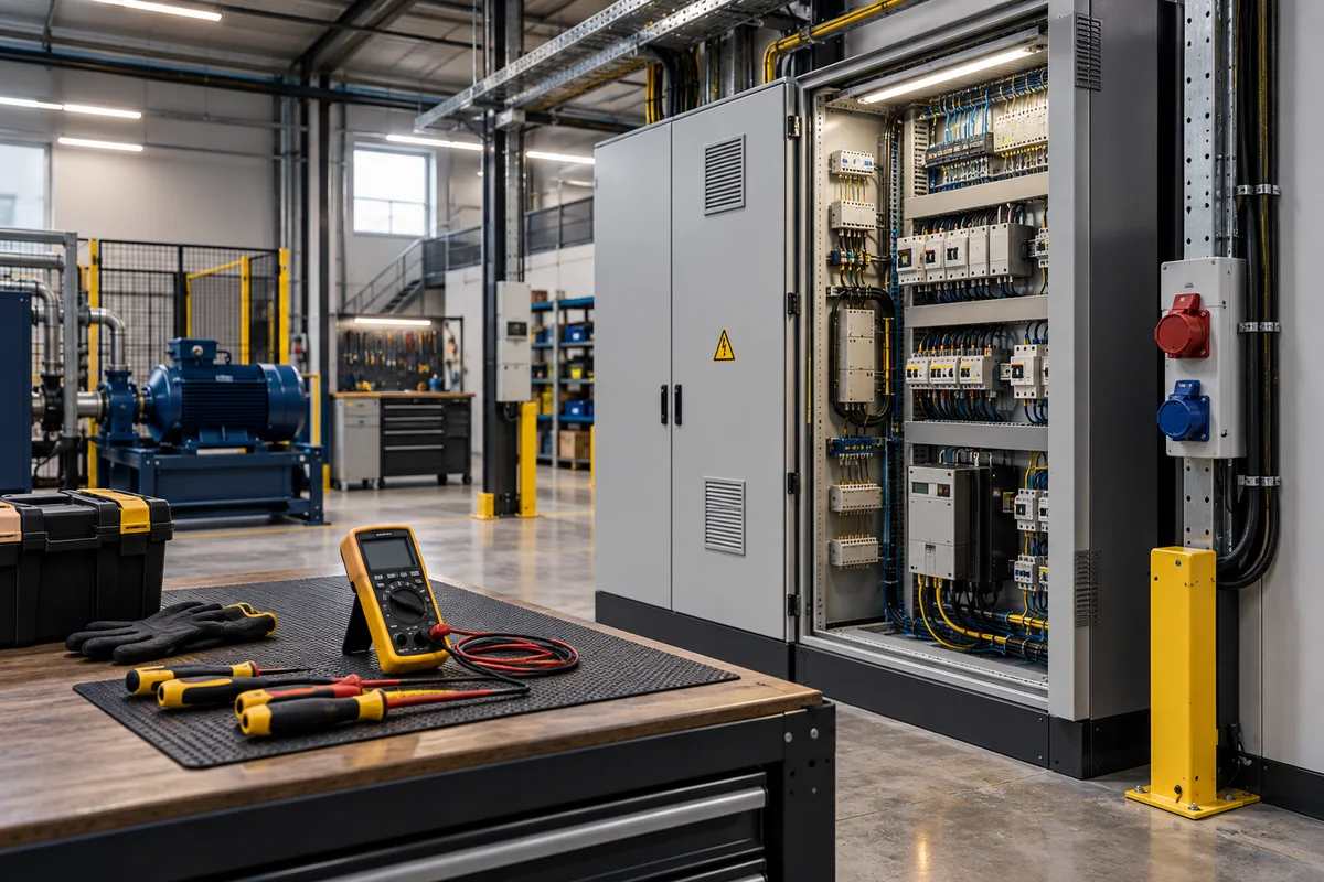 Ambiente industrial com máquinas, quadros elétricos e iluminação de trabalho
