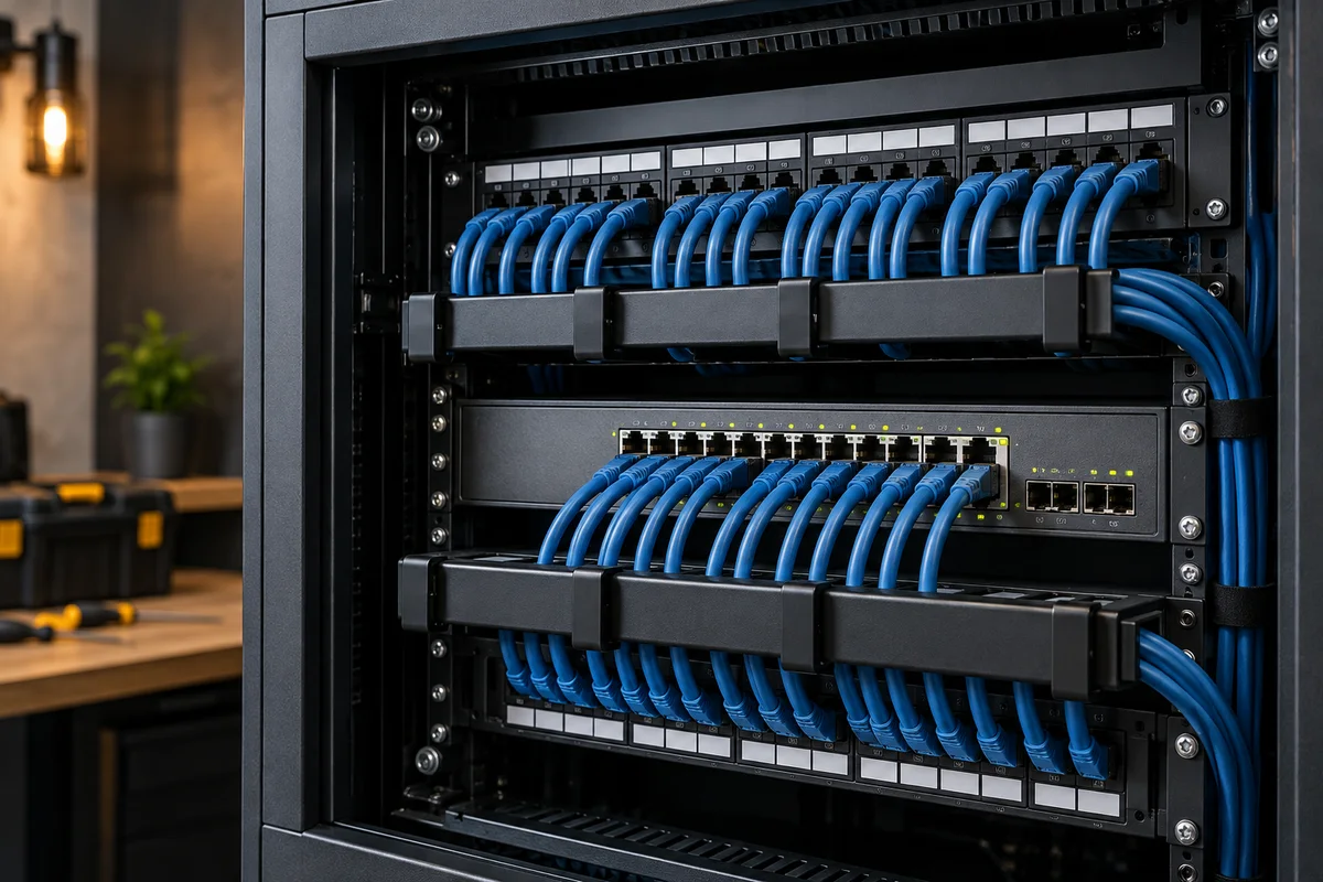 Cabos de rede organizados em um painel com conexões RJ45